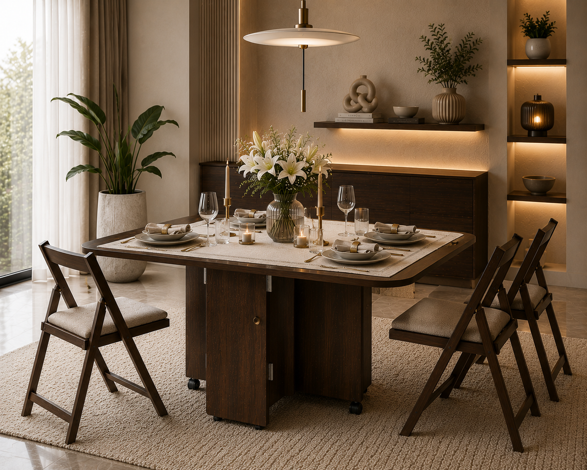 Folding Dining Table – Brown  | 6-Seater Space-Saving Table with Storage