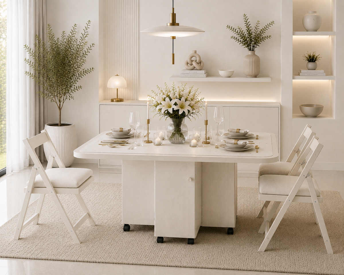 Folding Dining Table – White  | 6-Seater Space-Saving Table with Storage