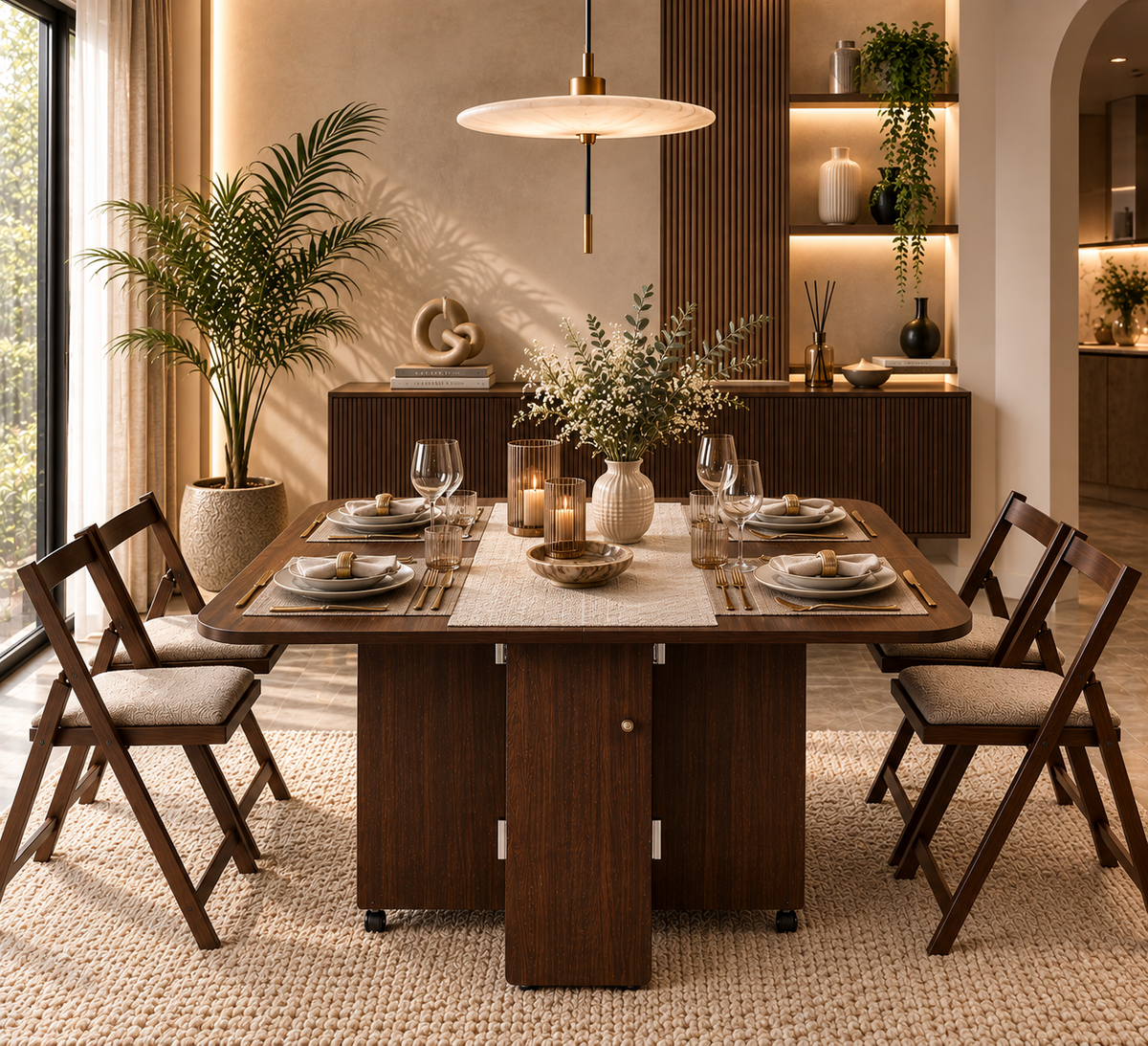 Folding Dining Table – Brown  | 6-Seater Space-Saving Table with Storage