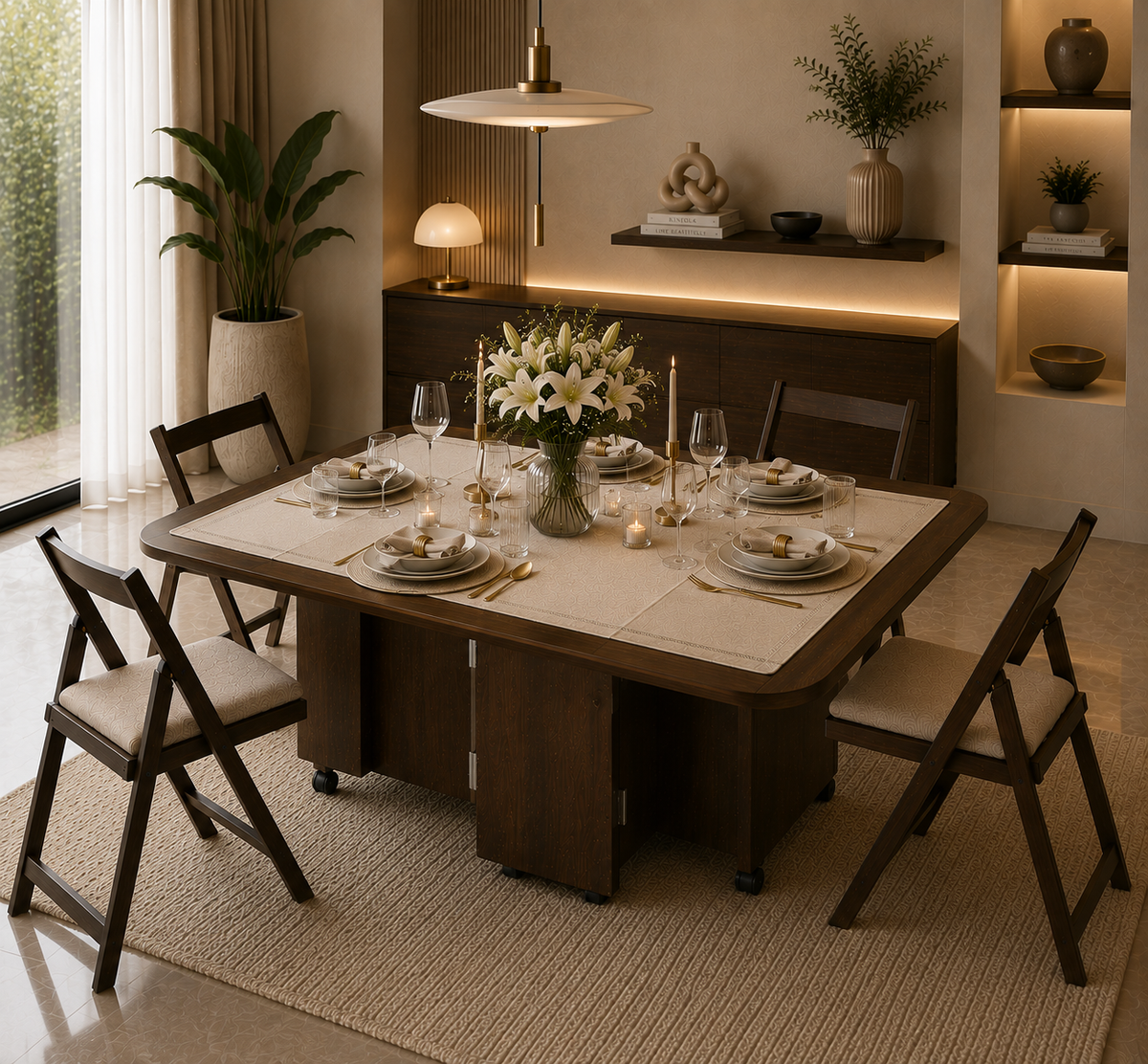 Folding Dining Table – Brown  | 6-Seater Space-Saving Table with Storage