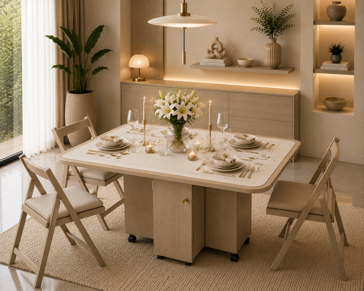 Folding Dining Table – Beige | 6-Seater Space-Saving Table with Storage
