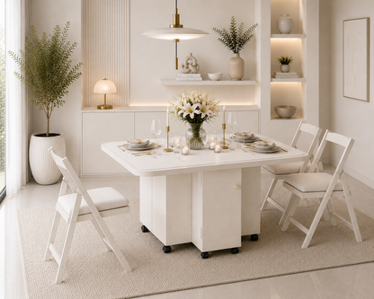 Folding Dining Table – White  | 6-Seater Space-Saving Table with Storage