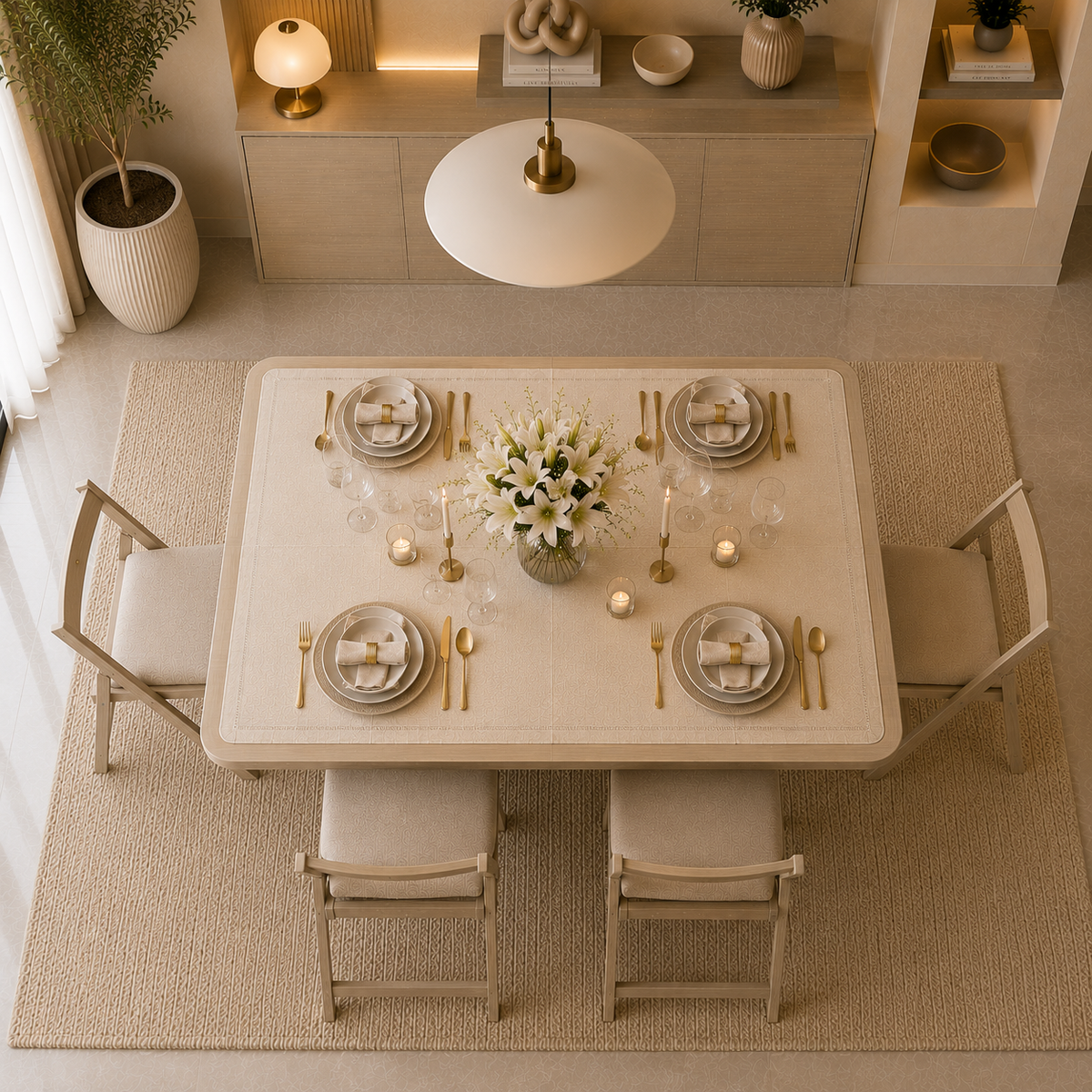 Folding Dining Table – Beige | 6-Seater Space-Saving Table with Storage