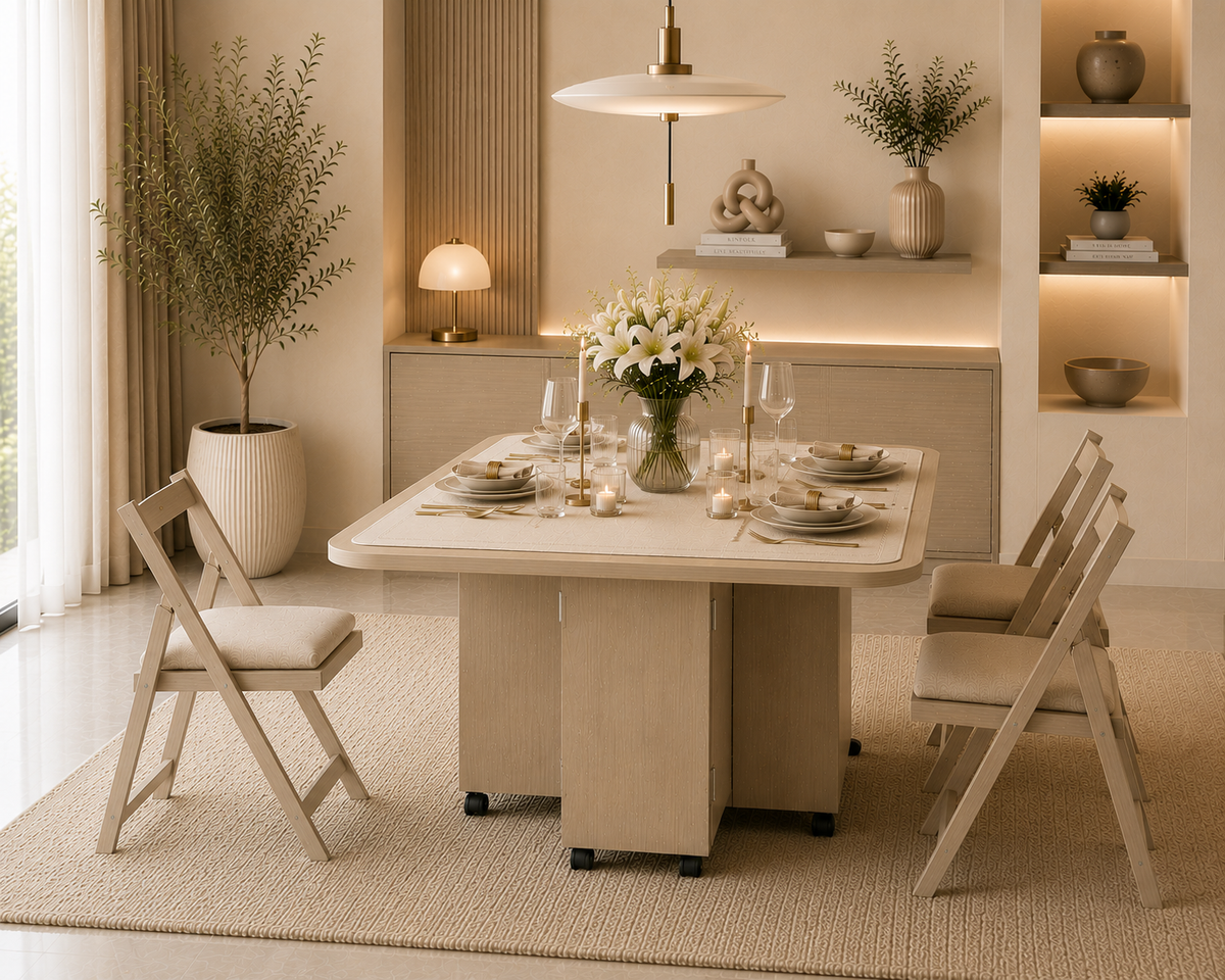 Folding Dining Table – Beige | 6-Seater Space-Saving Table with Storage