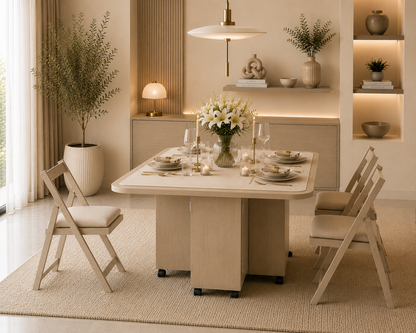 Folding Dining Table – Beige | 6-Seater Space-Saving Table with Storage