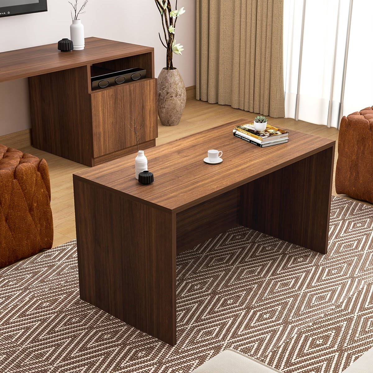 Brown space-saving TV unit with integrated storage in a modern living room