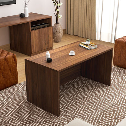 Brown space-saving TV unit with integrated storage in a modern living room
