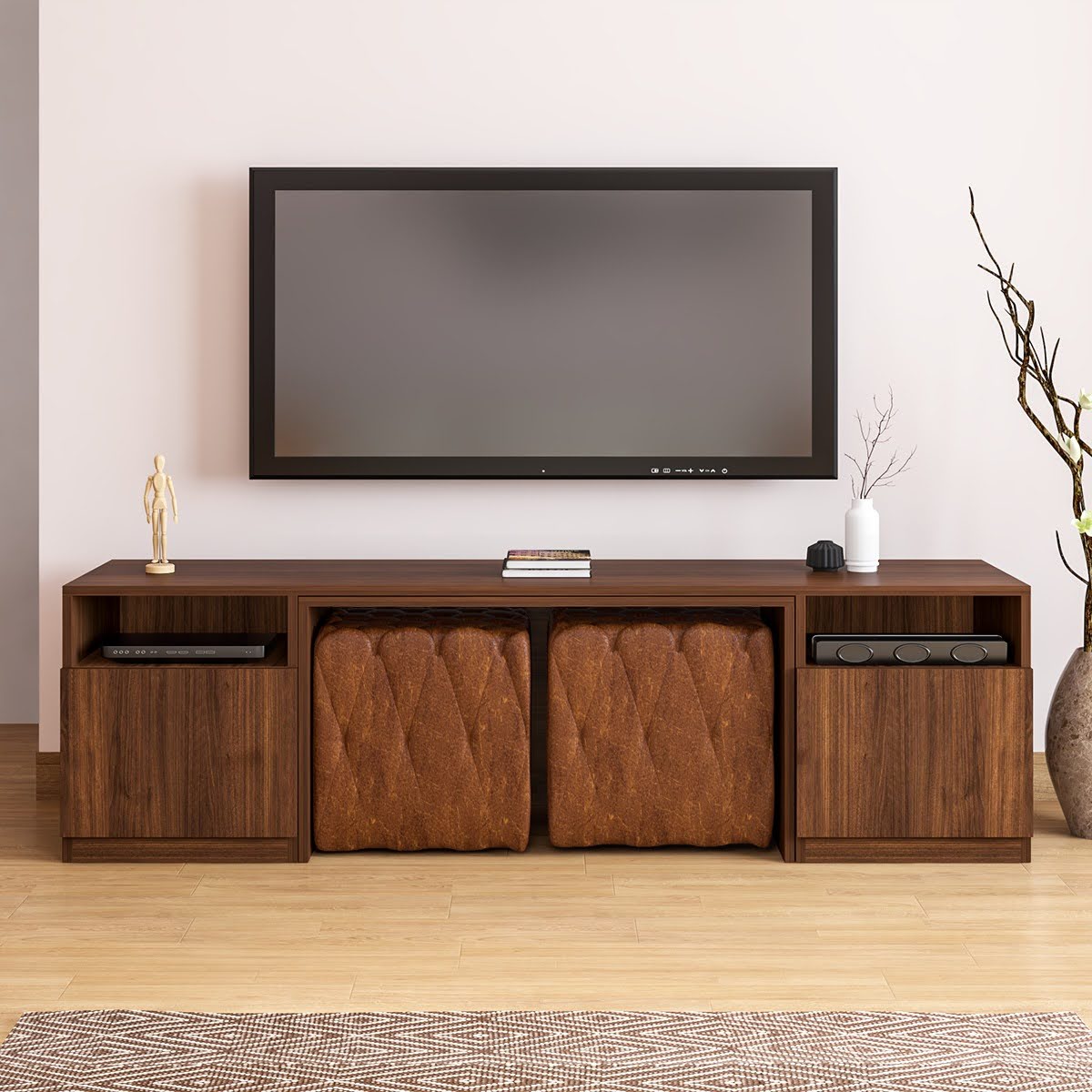 Brown space-saving TV unit with integrated storage beneath a wall-mounted TV