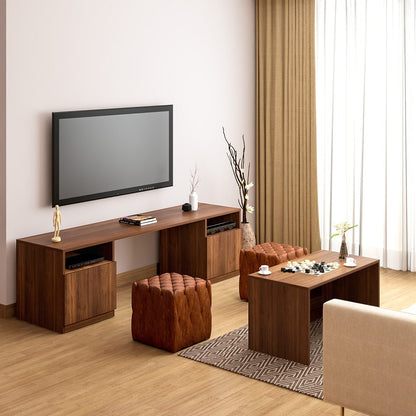 Brown space-saving TV unit with open storage in a modern living room