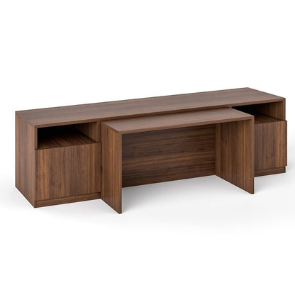 Brown wooden space-saving TV unit with side storage cabinets on white background