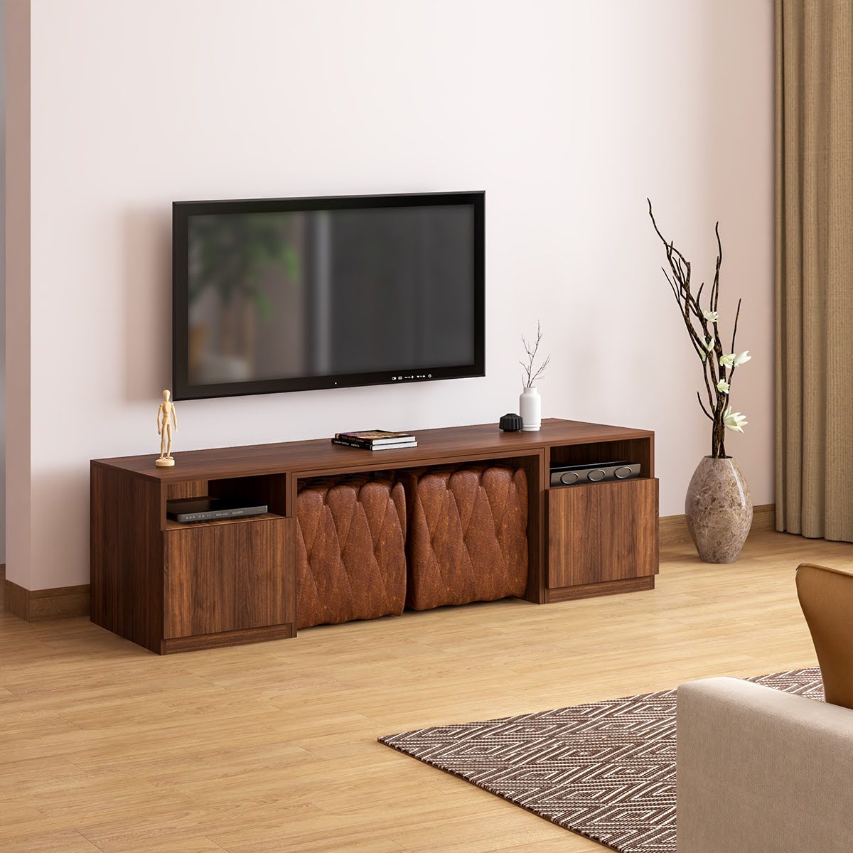 Brown space-saving TV unit with storage in a modern living room