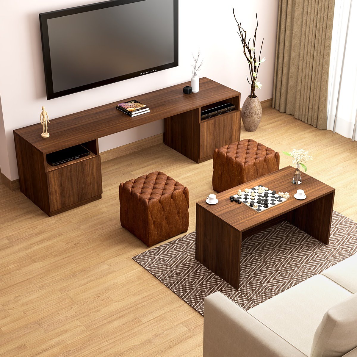 Brown space-saving TV unit with open storage in a modern living room