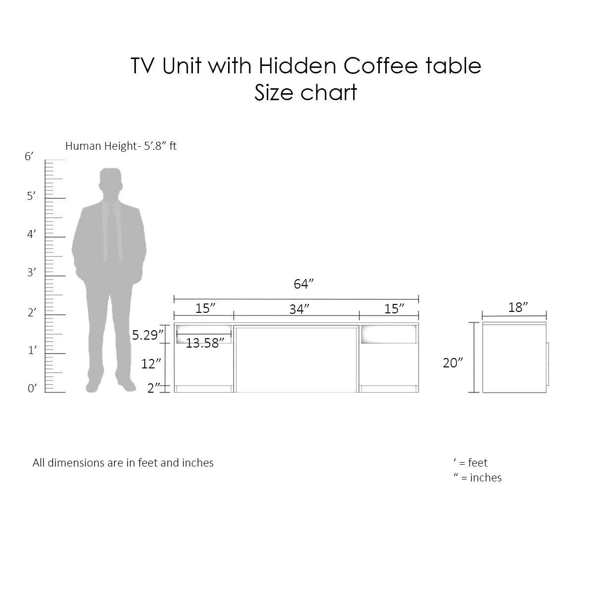 TV unit with hidden coffee table dimensions and size chart