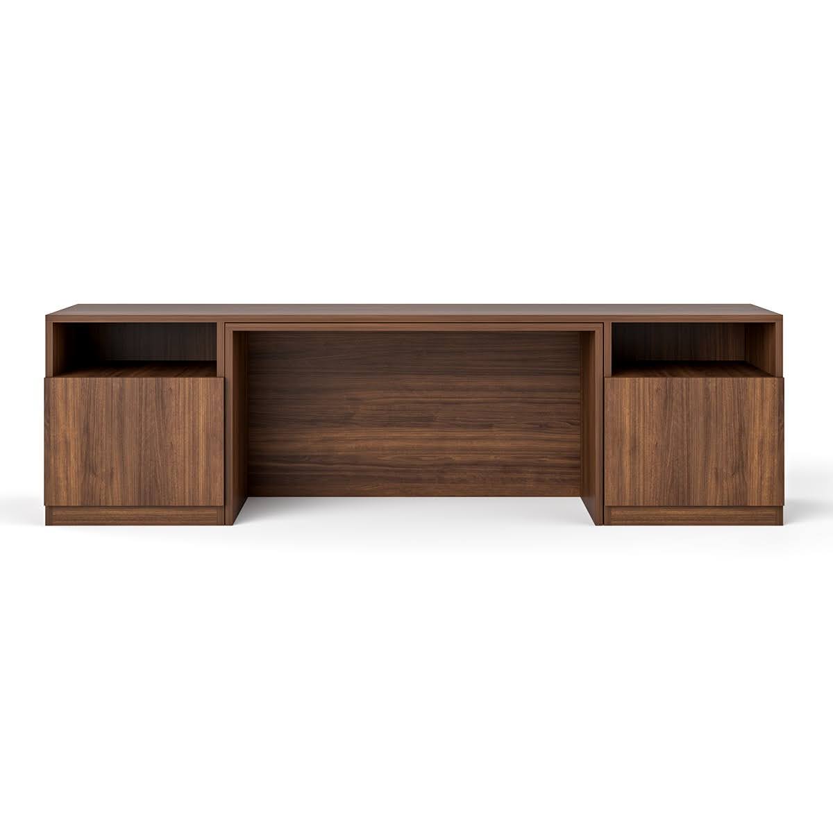 Brown wooden space-saving TV unit with open shelves and closed storage cabinets