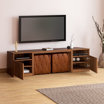 Brown space-saving TV unit with open storage compartments and wall-mounted TV