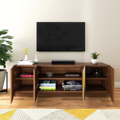Brown space-saving TV unit with open storage shelves and cabinets