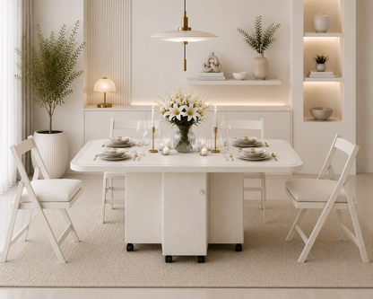 Folding Dining Table – White  | 6-Seater Space-Saving Table with Storage