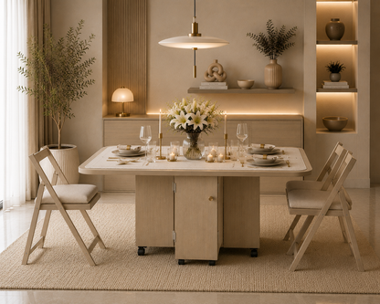 Folding Dining Table – Beige | 6-Seater Space-Saving Table with Storage