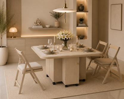 Folding Dining Table – Beige | 6-Seater Space-Saving Table with Storage