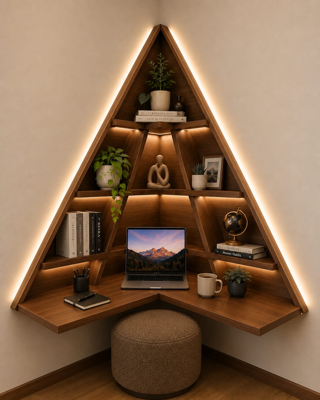 Triangle Corner Floating Workstation – Walnut Edition