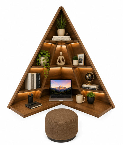 Triangle Corner Floating Workstation – Walnut Edition