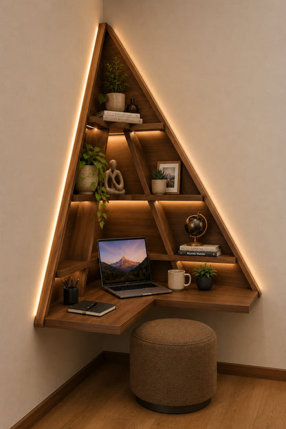 Triangle Corner Floating Workstation – Walnut Edition
