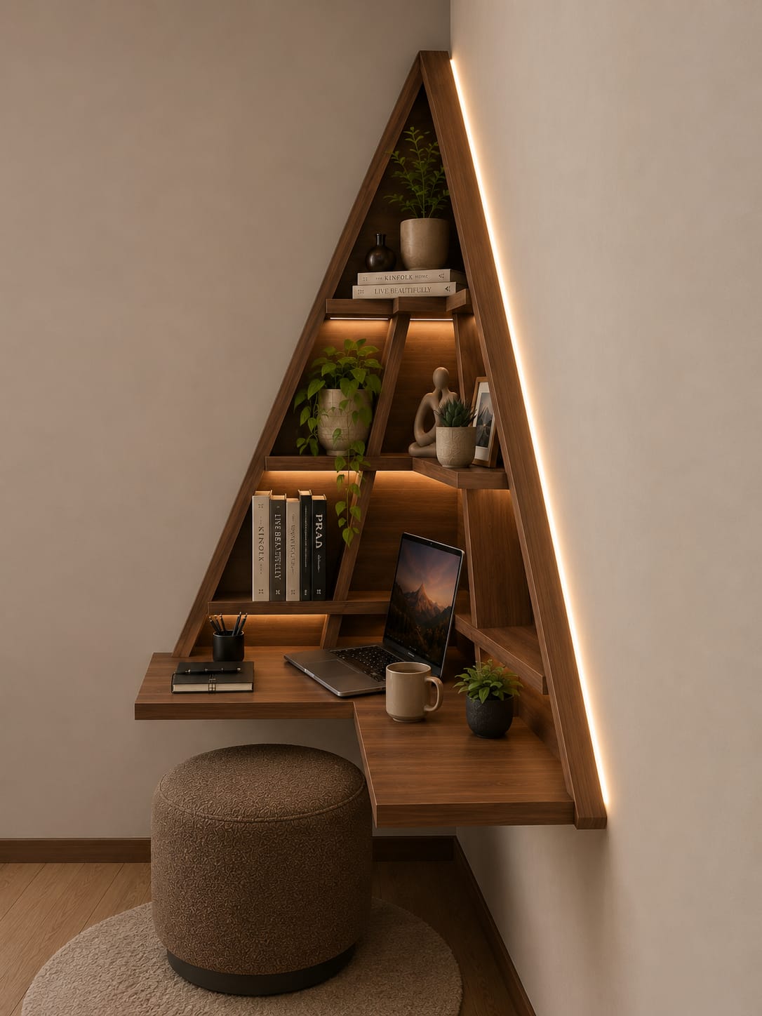 Triangle Corner Floating Workstation – Walnut Edition