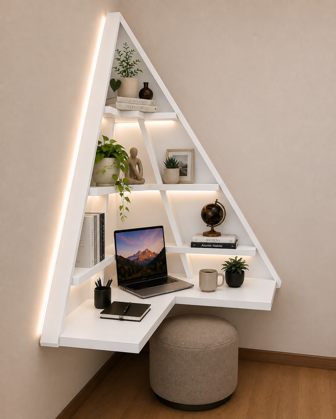 Triangle Corner Floating Workstation - Frosty White