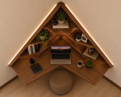 Triangle Corner Floating Workstation – Walnut Edition